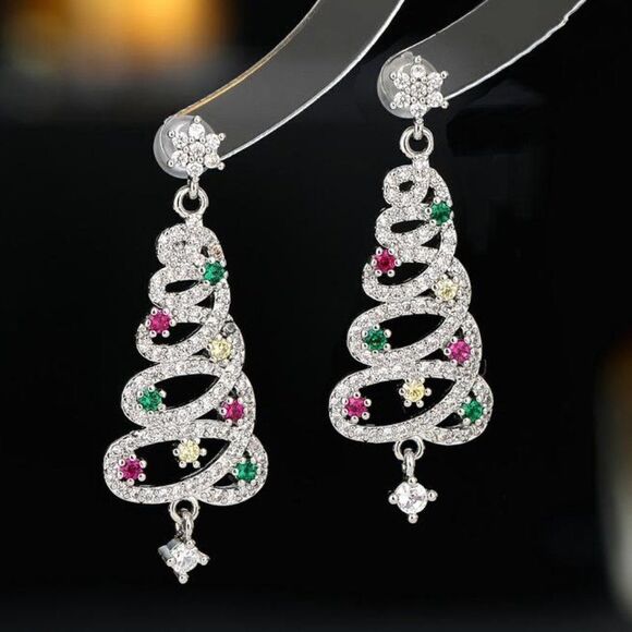 Festive Holiday Christmas Tree Rhinestone Silver Earrings - Picture 1 of 4